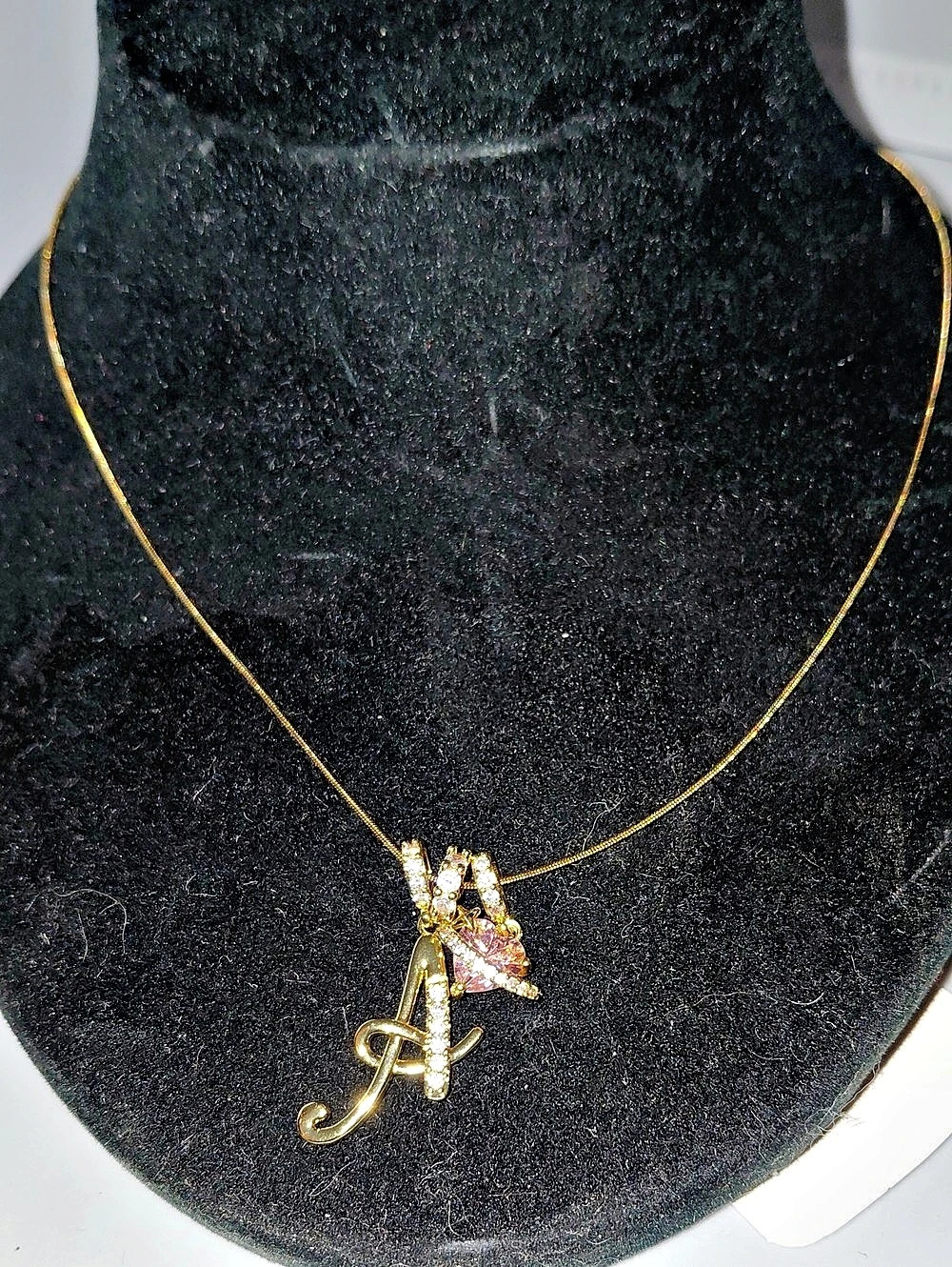 Gold & Pink Rhinestone Initial Pendant Necklace A